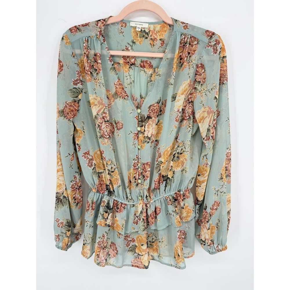 Pleione Mint Green Sage Multi Floral Smocked Waist Peplum Blouse Boho‎ Peasant S